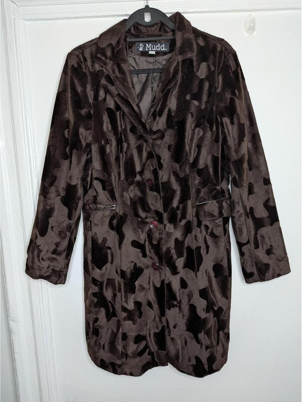 Mudd Coat L Brown Velvet Camo Mid Length Old Money Orca Girl 90s Y2K Retro Goth